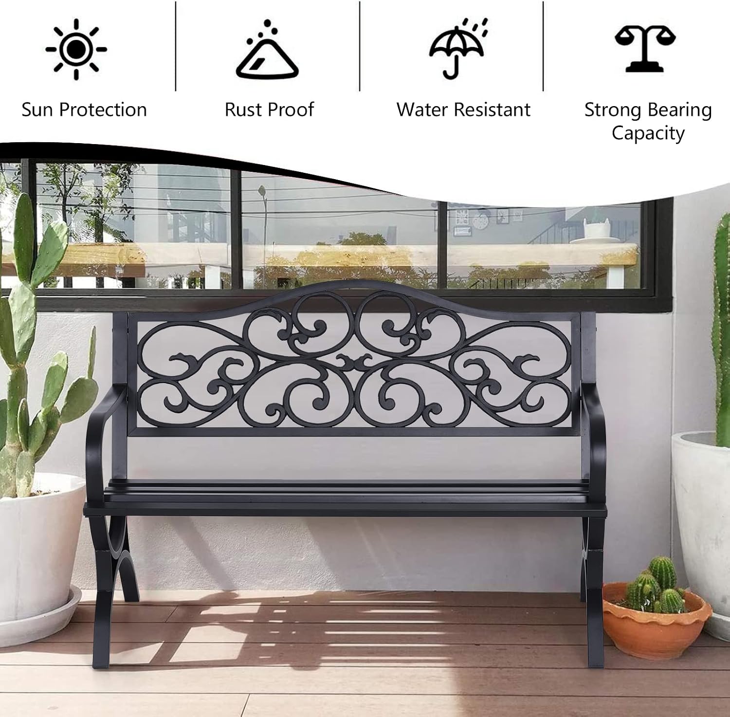 Sophia & William 50' Outdoor Garden Bench Patio Park Bench, Cast Iron Metal Frame Furniture with Floral Design Backrest for Porch Yard Lawn Deck, Black