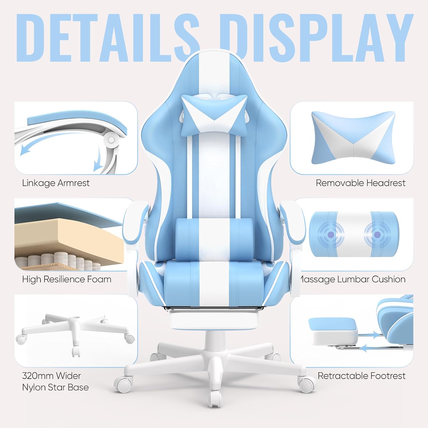 Ferghana Gaming Chairs, Ergonomic Racing Style PC Game Computer Chair with Headrest Lumbar Support Adjustable Recliner PU Leather Video Computer Chair(Light Blue)