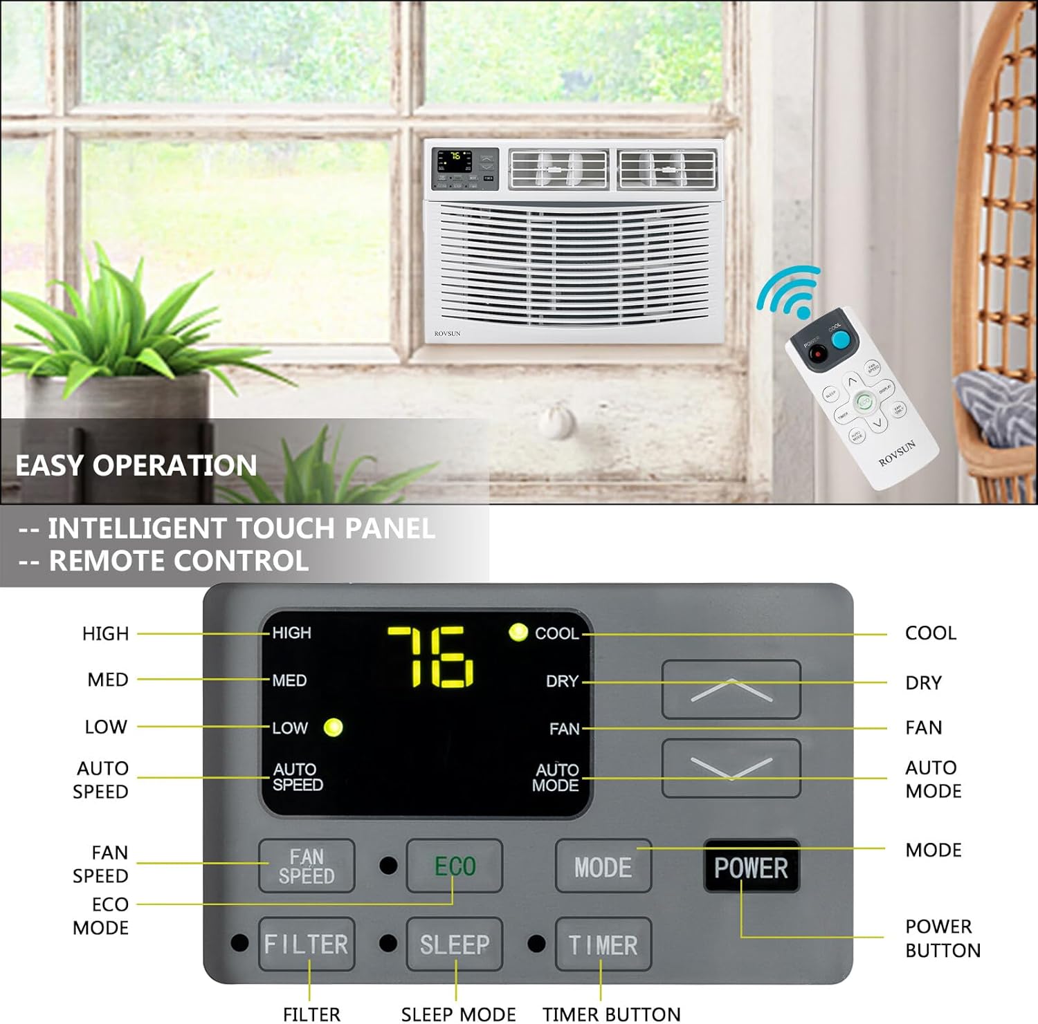 ROVSUN 24000 BTU Air Conditioner Window Unit, 3-in-1 Window AC Unit Cooler, Dehumidifier & Fan with Timer, Remote Control & Installation Kit, Cooling Rooms up to 1500 Sq. Ft, 230V/60Hz, White & Grey