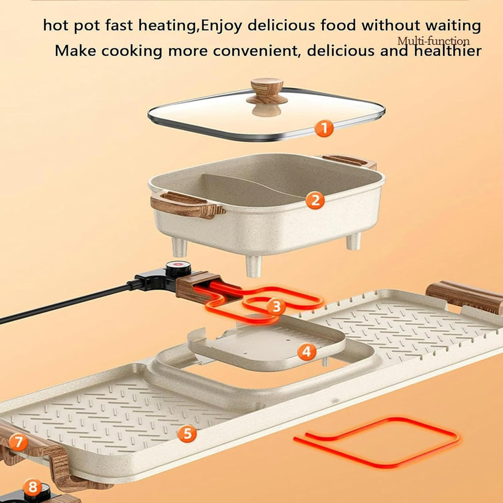2 and 1 Electric Grill with Hot Pot, Indoor Oven, Shabu-shabu Grill, 2200W Power, Zoned Temperature Control, Suitable for 3~12 People