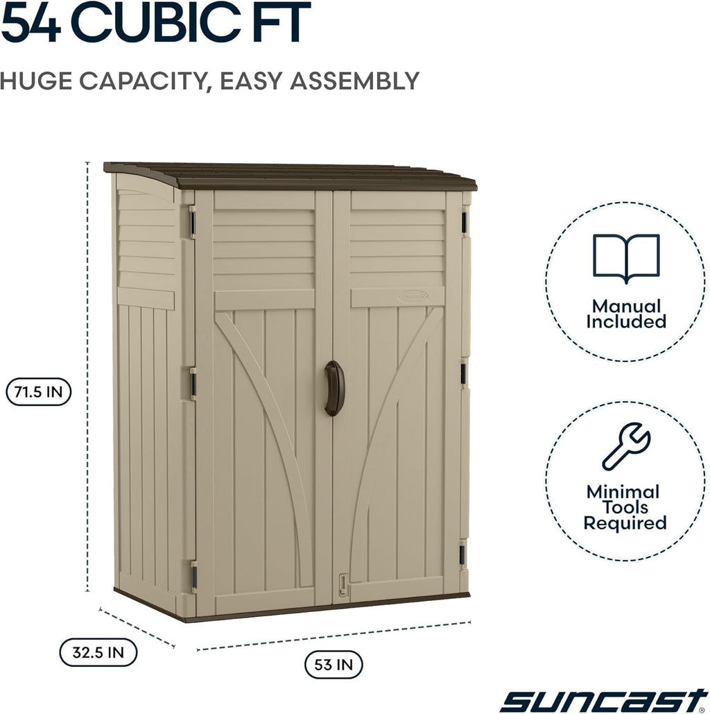 Suncast Outdoor Storage Shed, Water Resistant Resin Vertical Outdoor Storage Cabinet for Patio, Garden Tools, Cushions, & Equipment, Weatherproof Multi-Wall Design, 54 cu. ft., Made in USA