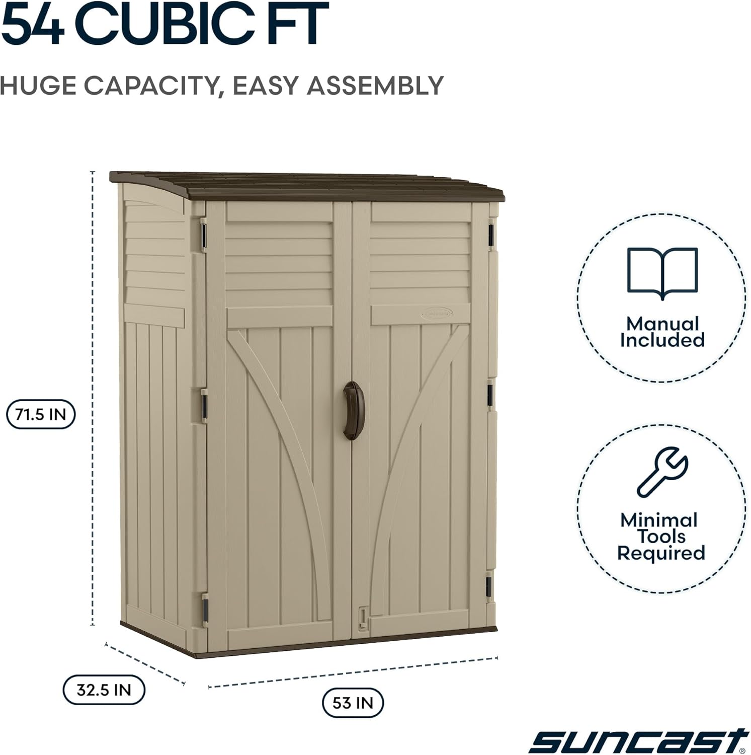 Suncast Outdoor Storage Shed, Water Resistant Resin Vertical Outdoor Storage Cabinet for Patio, Garden Tools, Cushions, & Equipment, Weatherproof Multi-Wall Design, 54 cu. ft., Made in USA