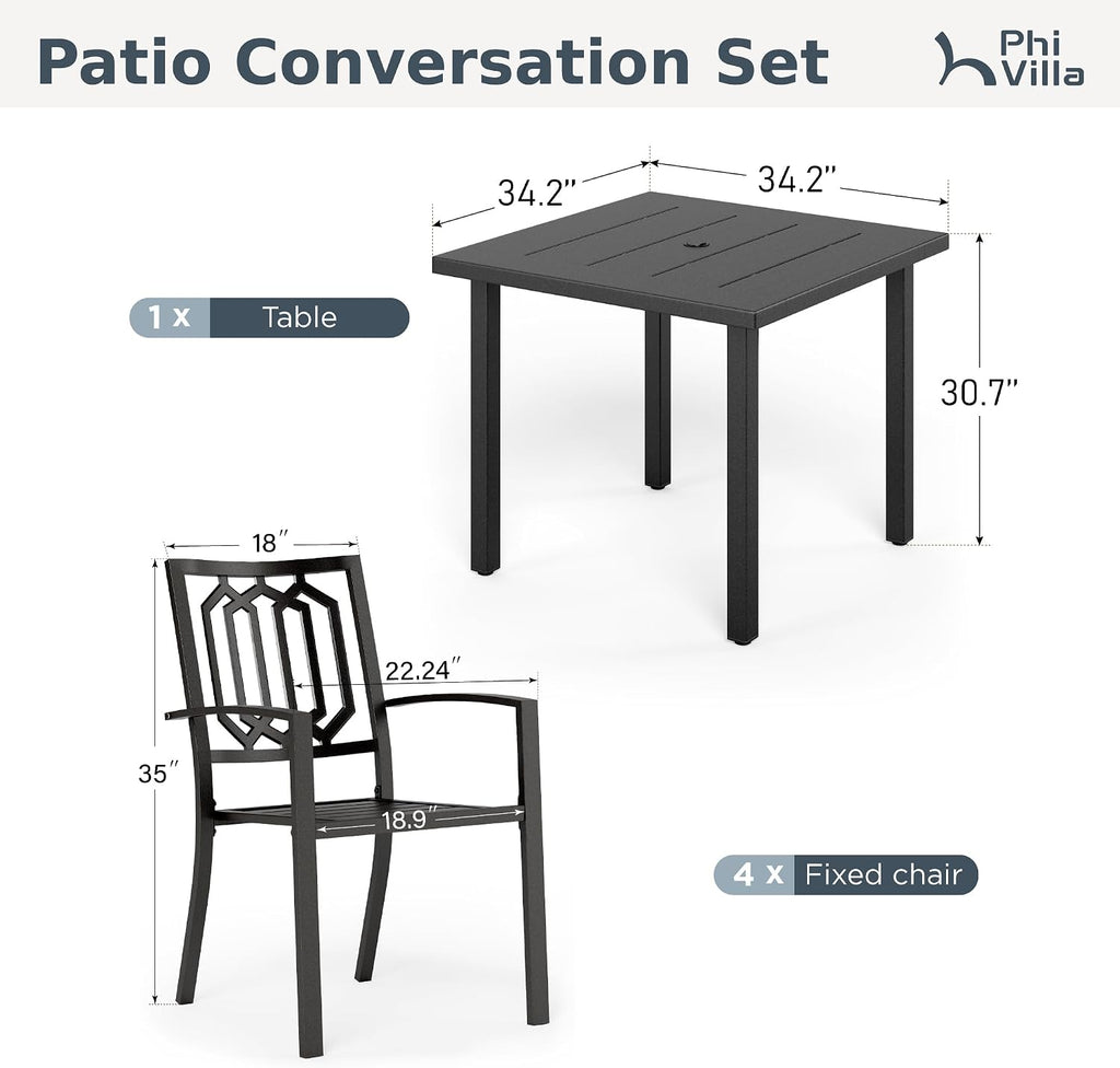 PHI VILLA 5 Piece Metal Outdoor Table and Chairs, 34.2' Metal Square Table with Umbrella Hole & Stackable Wrought Iron Chairs, All Weather Large Furniture Set for Patio, Deck, Backyard, Porch - Black