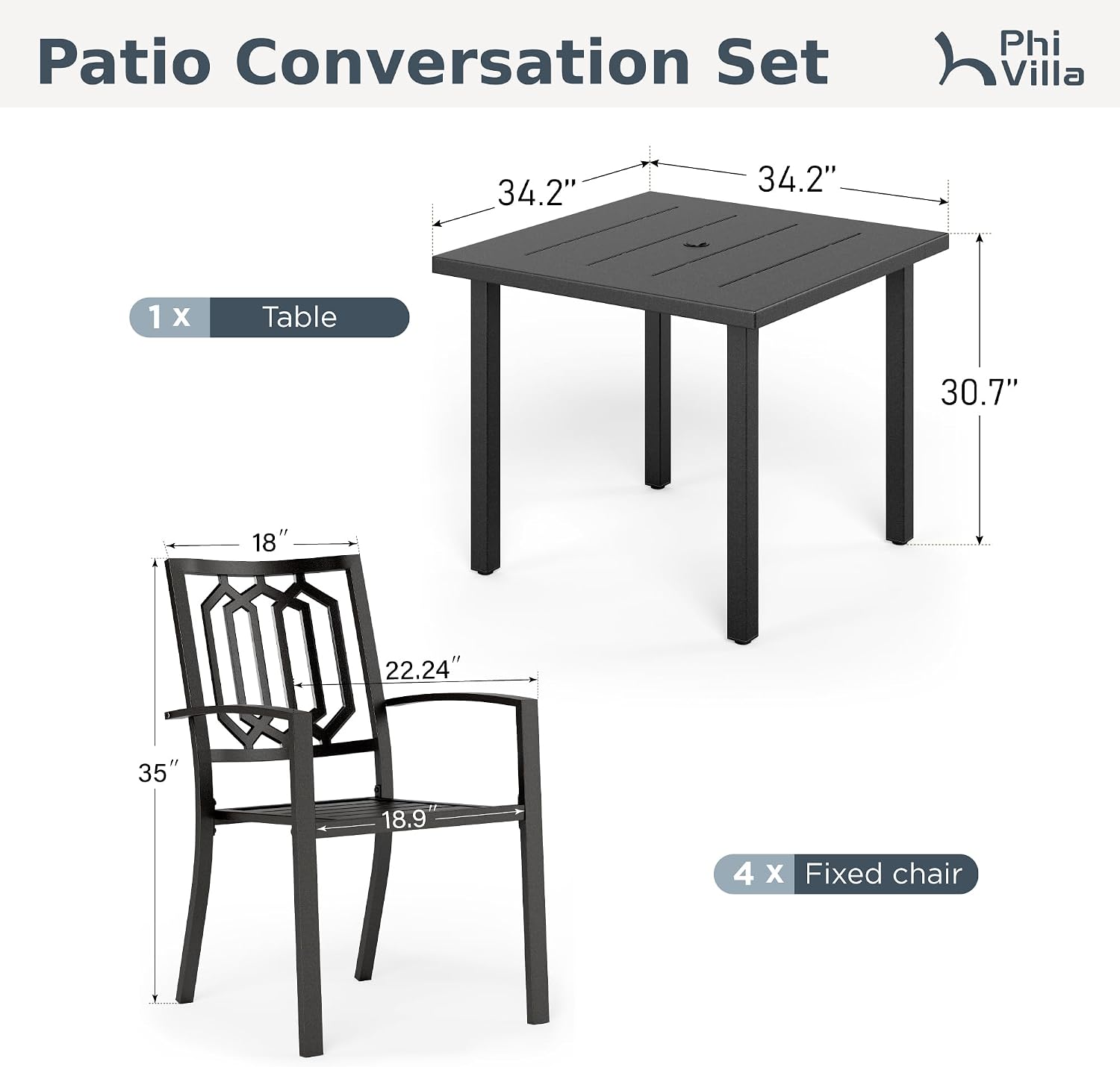 PHI VILLA 5 Piece Metal Outdoor Table and Chairs, 34.2' Metal Square Table with Umbrella Hole & Stackable Wrought Iron Chairs, All Weather Large Furniture Set for Patio, Deck, Backyard, Porch - Black