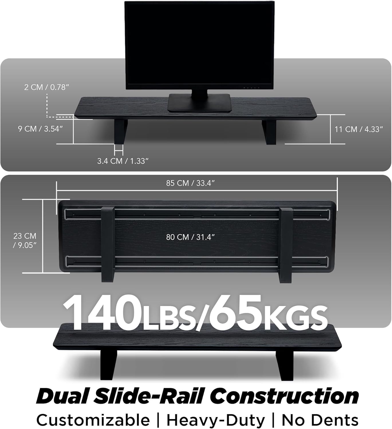 ULTRARM Moodular Wooden Monitor Stand 33.4' (85cm) Desk Organizer with Metal Slide Rails for Drawer, Tray, Laptop, Tablet, Phone & Headphones Customizable Riser for Organized Workspace Black MS85-B