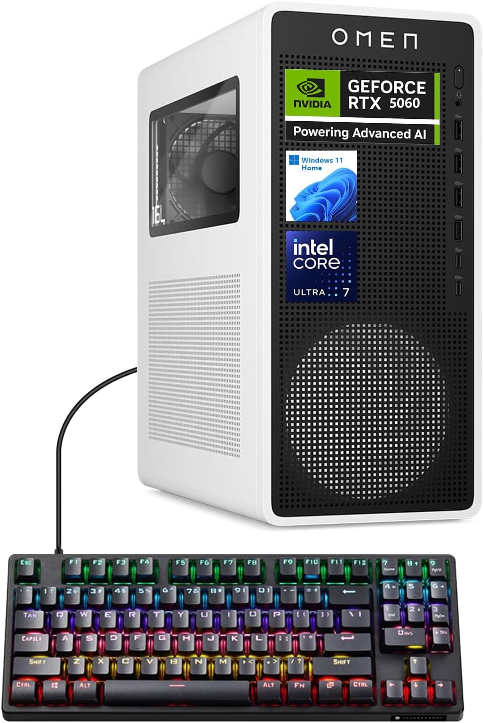 HP OMEN 16L TG03 Gaming Desktop, Intel Ultra 7 265F, NVIDIA RTX 5060, 64GB DDR5 RAM, 2TB SSD, AI-Ready Workstation PC for Gaming & Music Production, Bundle with Thunderobot Keyboard