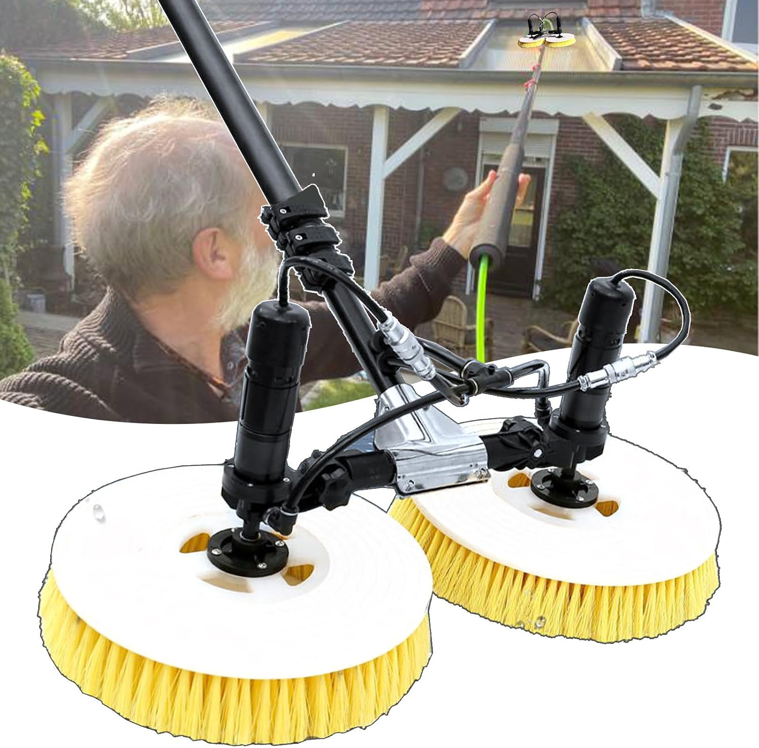 Solar Panel Electric Cleaning Brush-Cleaning Width: 65cm/25.5in,Photovoltaic Water Fed Cleaning Pole Kit with Dual Brush Heads - 360° Counter Rotating+Water Pump + 20m Water Hose,7.5m