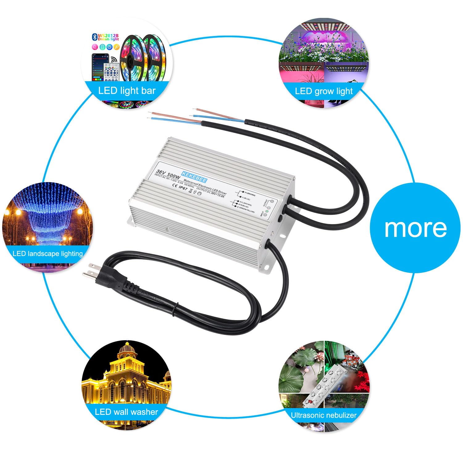 LED driver 36V 500W waterproof power supply AC90-135V to DC36V13.8A IP67 waterproof switching power supply suitable for outdoor LED lighting landscape lights street lights and 36V DC equipment