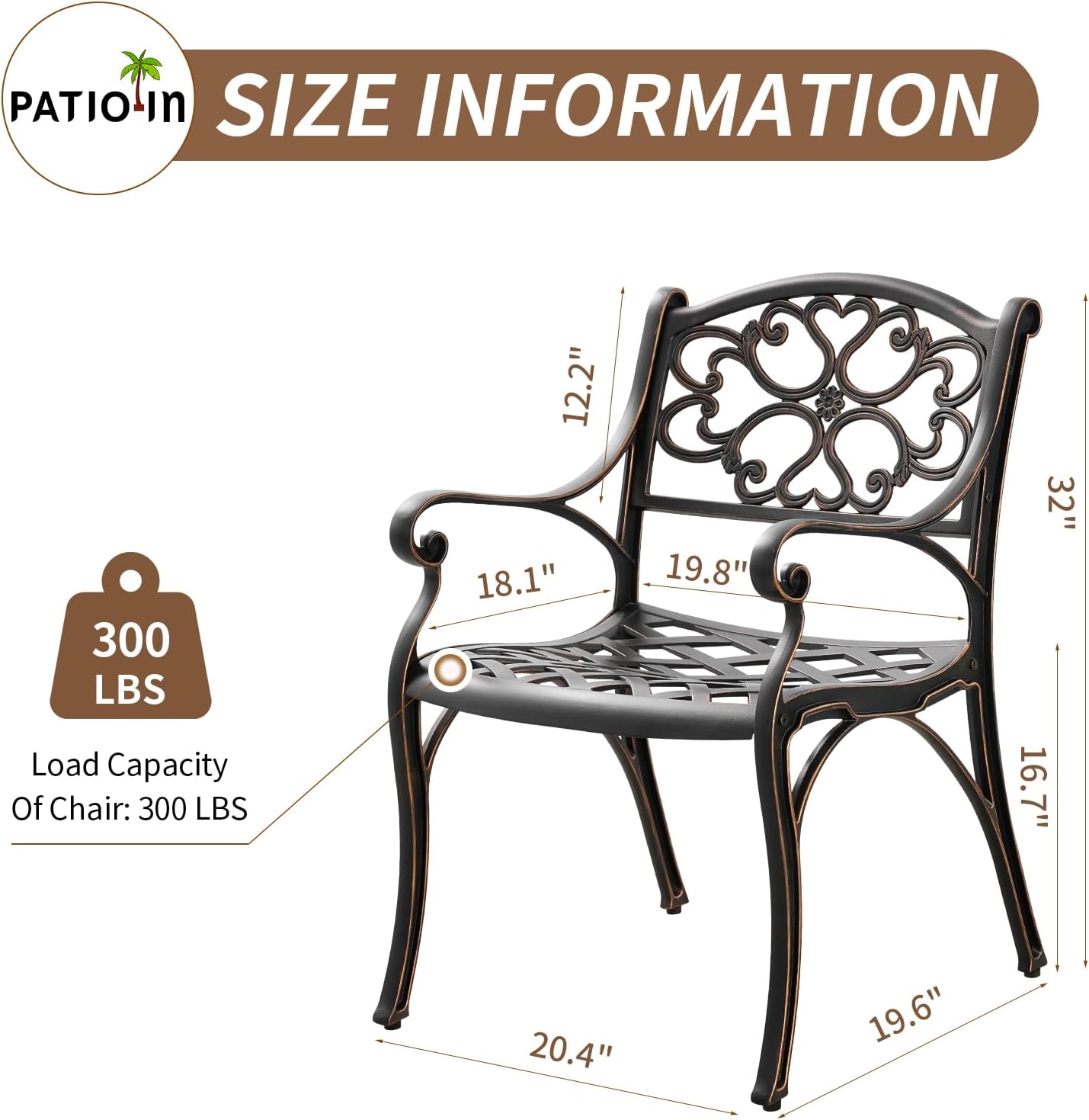 3 Piece Outdoor Dining Set,Cast Aluminum Bistro Set with Umbrella Hole, All Weather Patio Furniture Set, Small Patio Dining Set for Garden/Balcony/Deck Bronze (Flower Backrest)