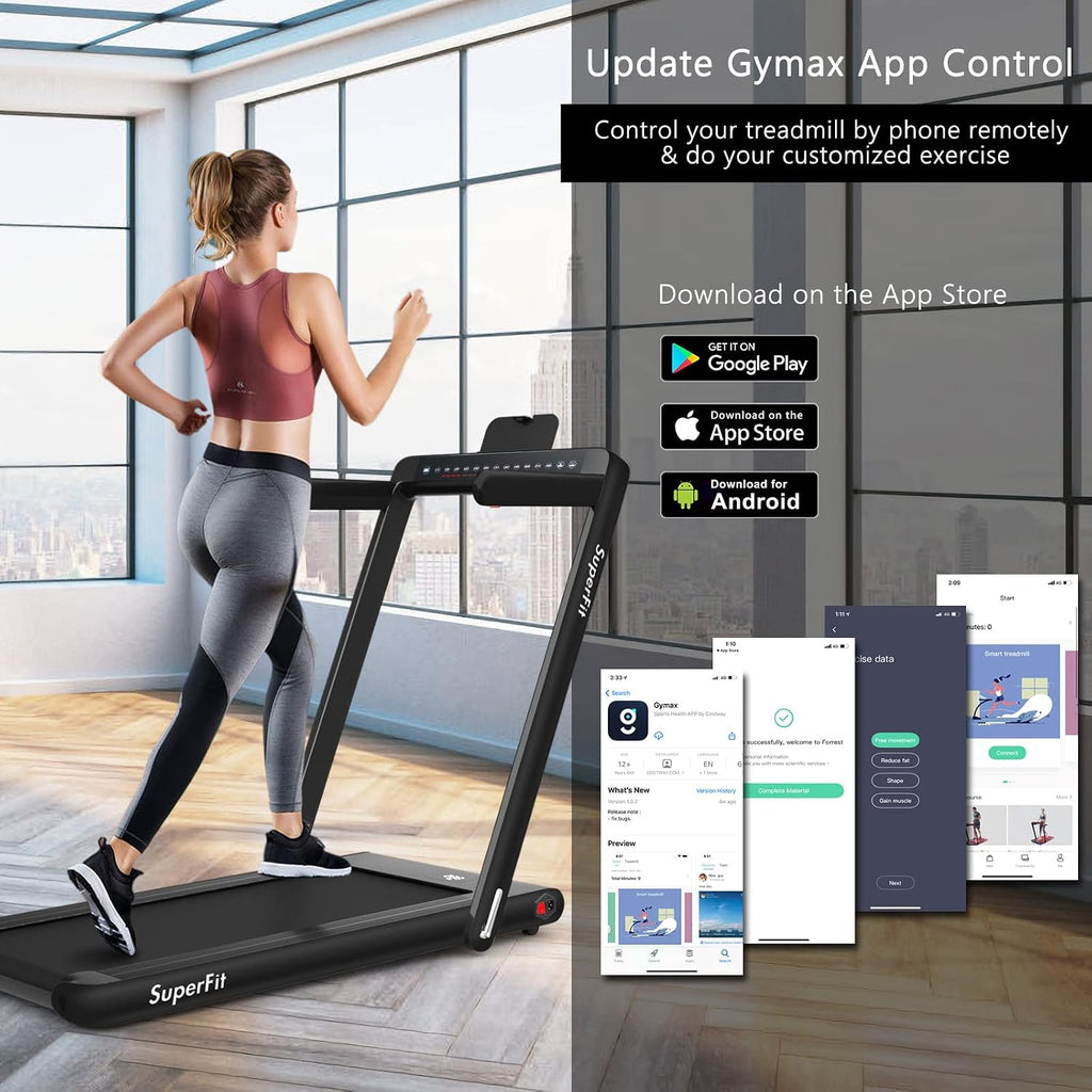Goplus 2 in 1 Folding Treadmill with Dual Display, 2.25HP Superfit Under Desk Electric Pad Treadmill, Installation-Free, Blue Tooth Speaker, APP Control, Remote Control, Walking Jogging for Home