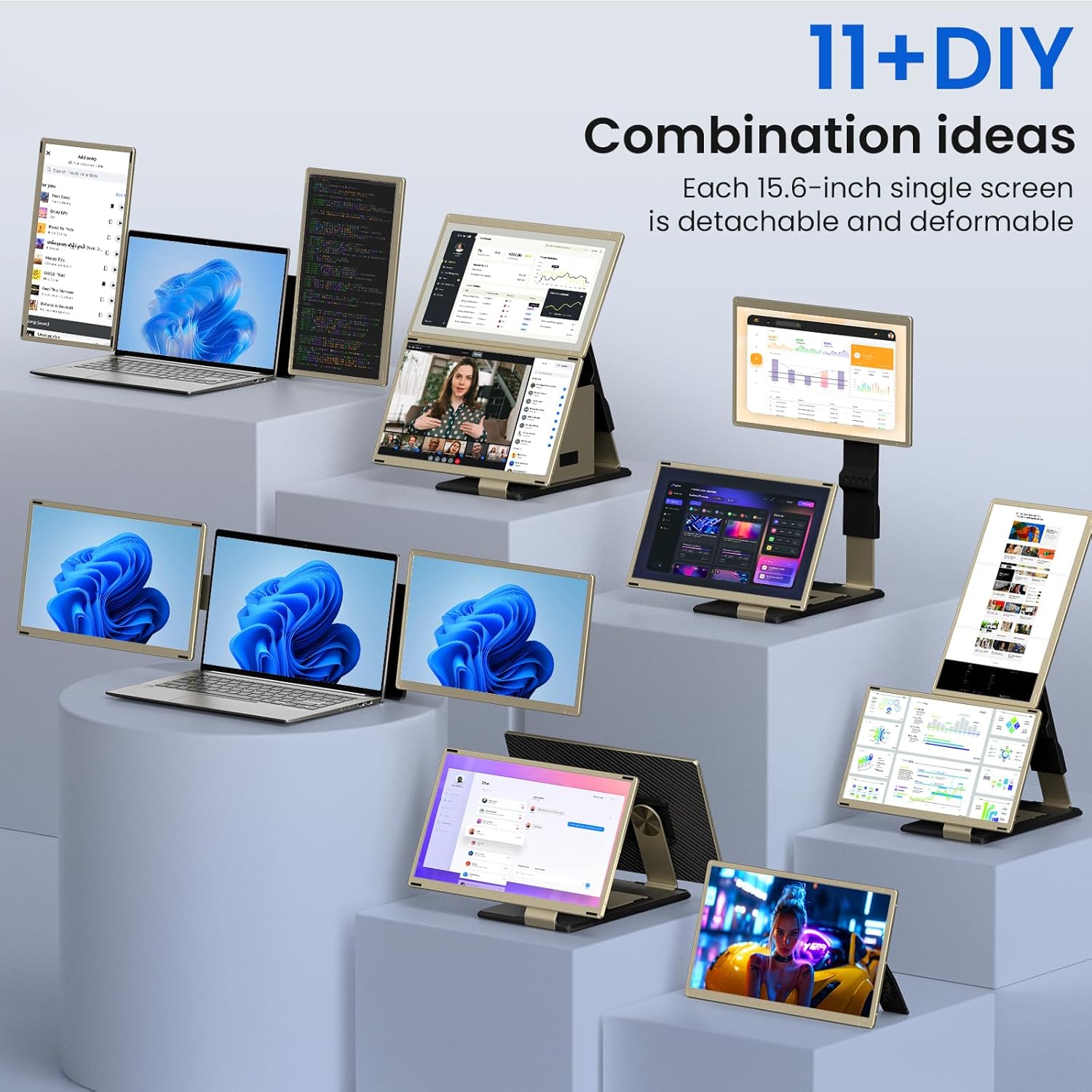 Triple Laptop Screen Extender - 15.6' Monitor IPS FHD 1080P Detachable Portable Display for 13'-17.4' Laptops Compatible with Compatible with Windows Mac Chrome Surface Travel Work Setup