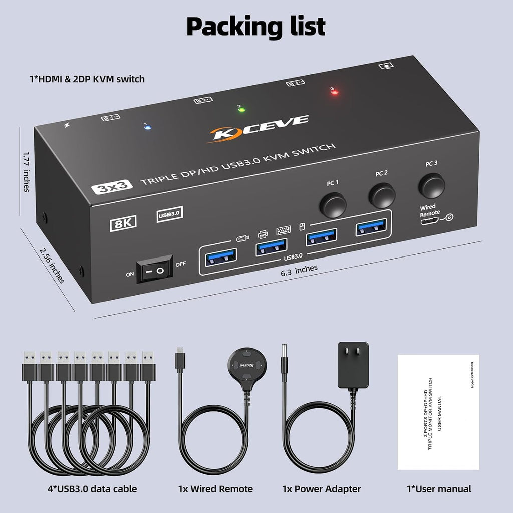 KVM Switch 3 Monitors 3 Computers 8K@60Hz 4K@144Hz, HDMI Dispalyport Triple Monitor KVM Switches for 3 PC Share 3 Monitor and 4 USB 3.0 Devices, Wired Remote, Power Adapter and USB3.0 Cables Included