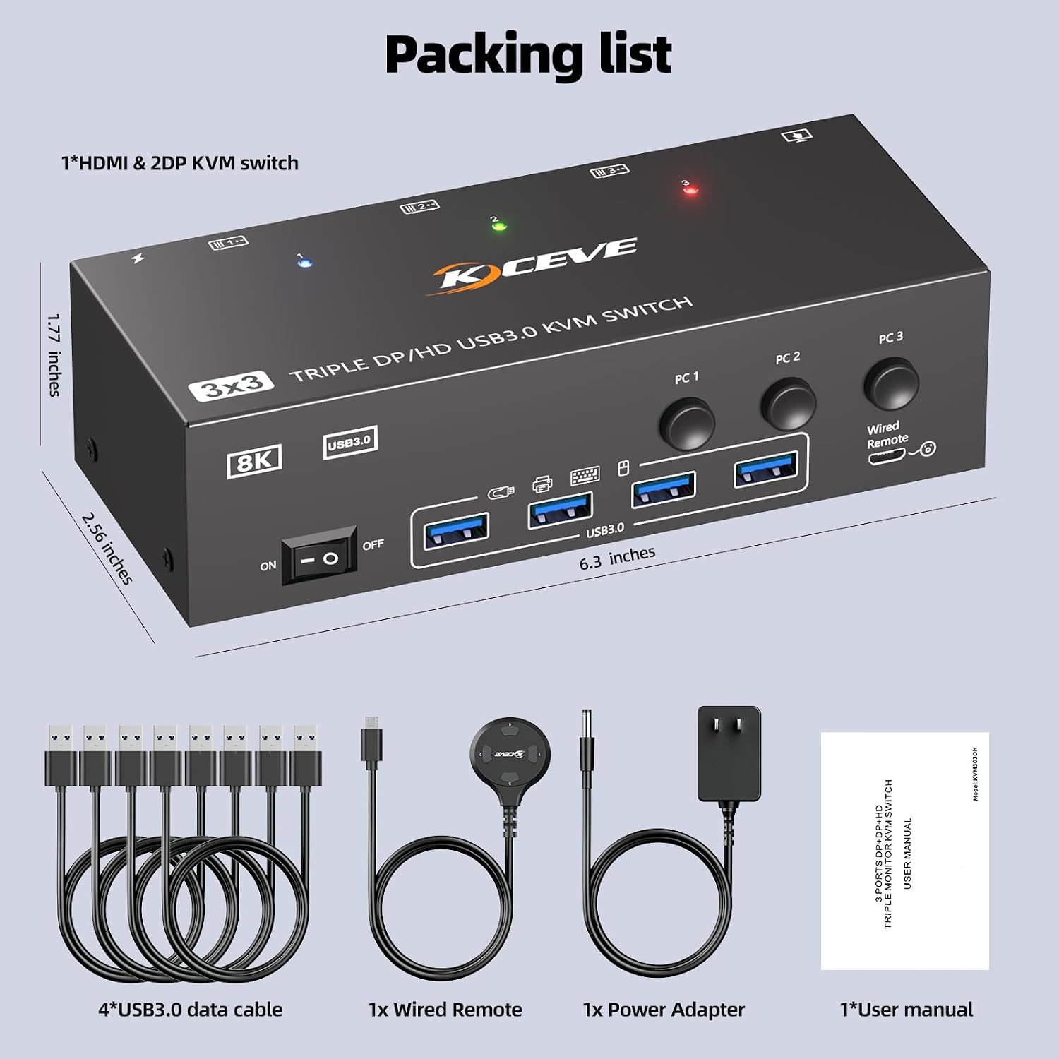 KVM Switch 3 Monitors 3 Computers 8K@60Hz 4K@144Hz, HDMI Dispalyport Triple Monitor KVM Switches for 3 PC Share 3 Monitor and 4 USB 3.0 Devices, Wired Remote, Power Adapter and USB3.0 Cables Included
