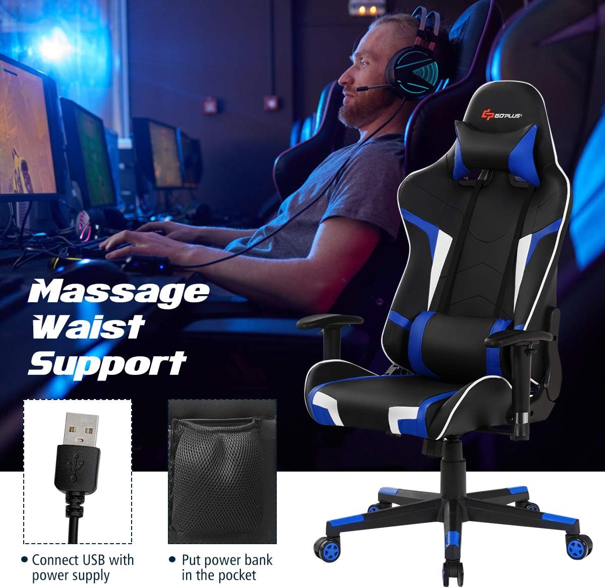 POWERSTONE Gaming Chair - Office Computer Gaming Racing Chair with Lumbar Massager Support PU Leather Adjustable Arms Headrest High-Back Recliner Ergonomic Rolling Swivel (Blue)