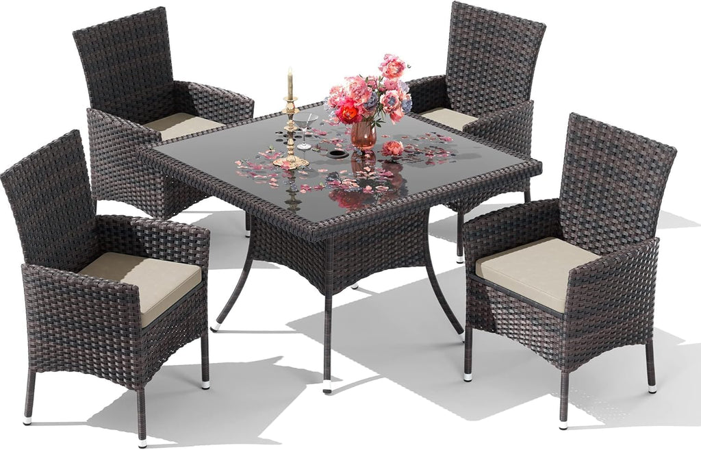 10 Pieces Outdoor Patio Dining Set,Patio Table and Chairs Rattan Outdoor Patio Furniture Set with Umbrella Hole,Dining Table Set for 8 with Chairs for Backyard,Garden and Kitchen,Brown