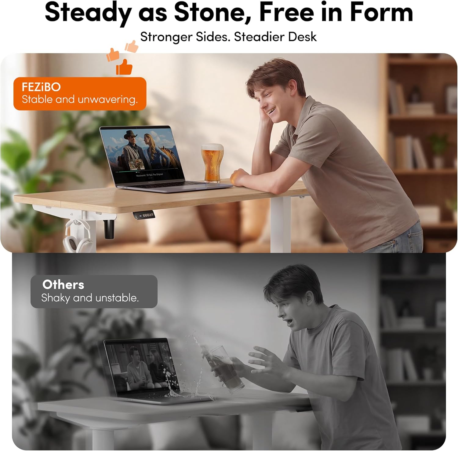 FEZIBO 55 x 24 Inchs Electric Standing Desk, Height Adjustable, Sit Stand Up, Computer Office Desk with Splice Board, White Frame/Maple Top
