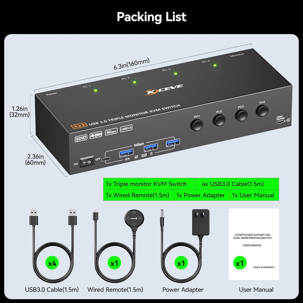 KVM Switch 3 Monitors 4 Computers 4K@60Hz,EDID Simulation,HDMI Displayport Triple Monitor KVM Switch,3 Monitor KVM with 4 USB 3.0 Ports for Keyboard Mouse, Wired Remote and 4 USB3.0 Cables Included