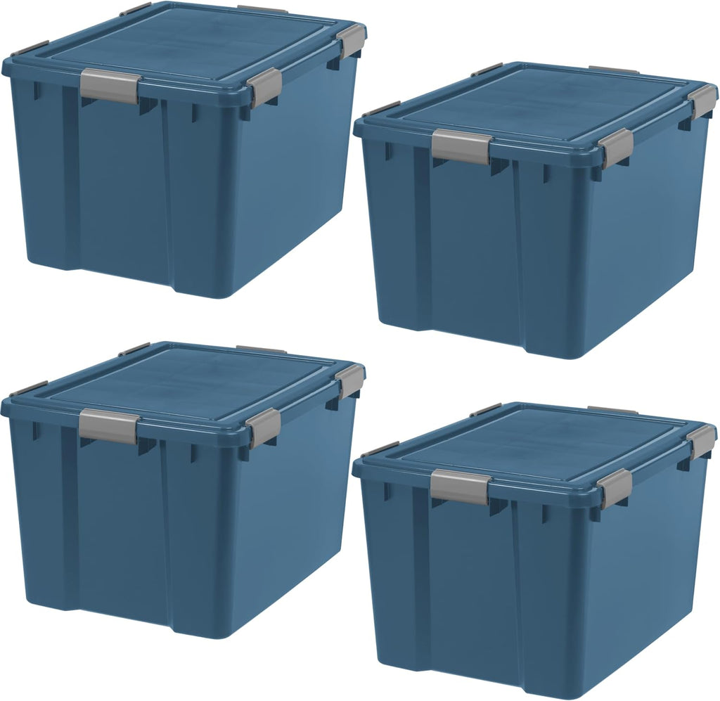 IRIS USA WeatherPro 74 Qt Eco-Friendly Storage Bins with Lids, 4 Pack, BPA-Free Plastic Gasket Box with Tight Latch and Seal, Stackable Nestable Tote Tub - Navy