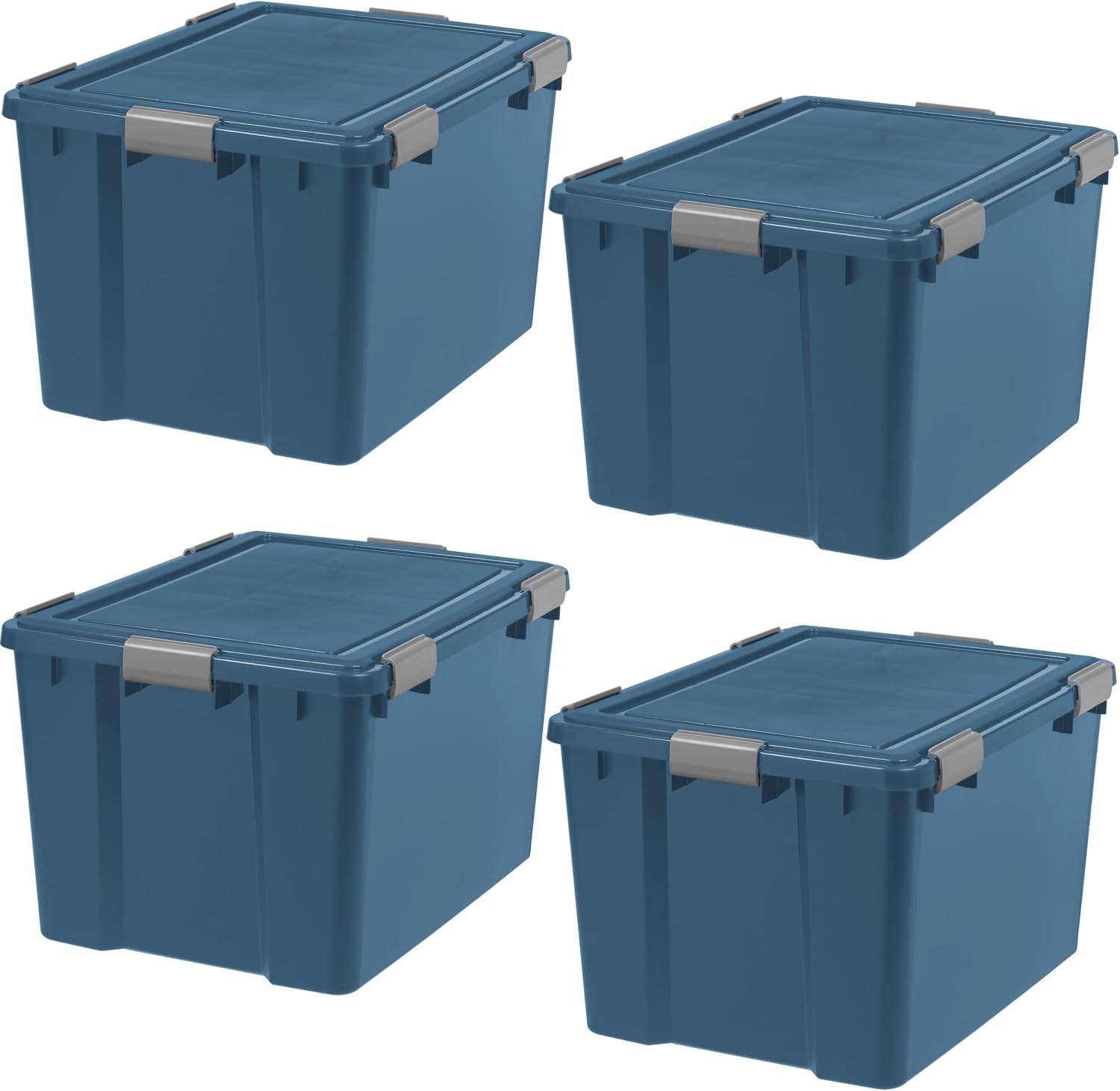IRIS USA WeatherPro 74 Qt Eco-Friendly Storage Bins with Lids, 4 Pack, BPA-Free Plastic Gasket Box with Tight Latch and Seal, Stackable Nestable Tote Tub - Navy