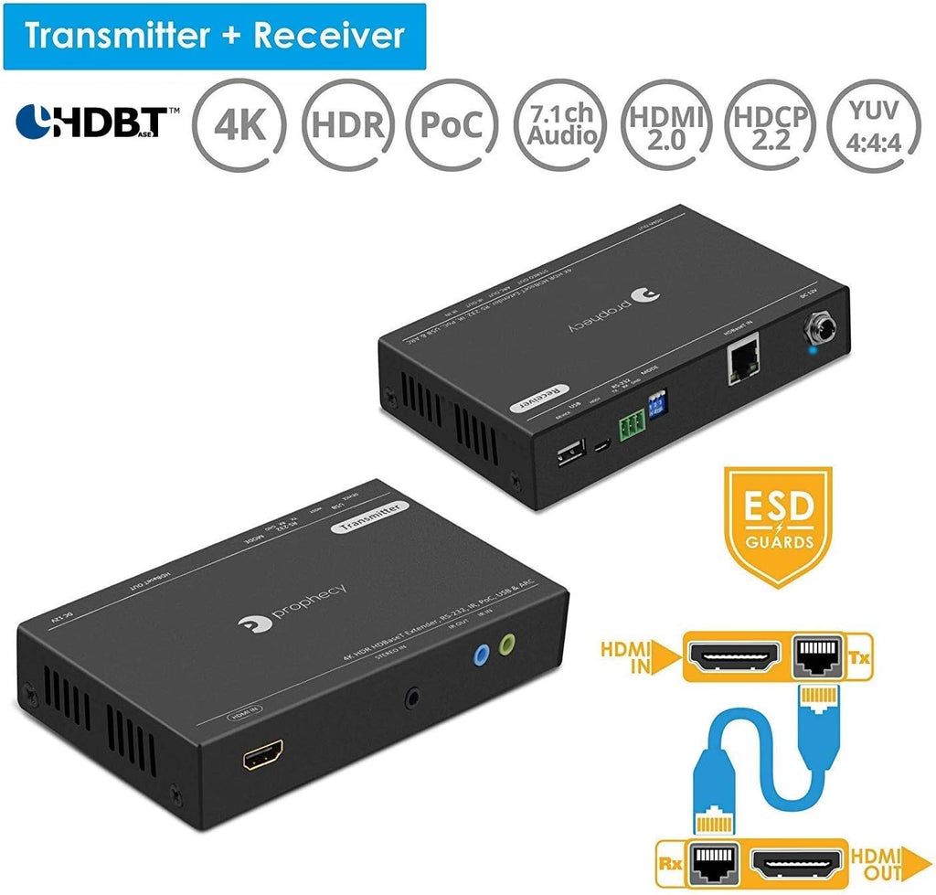 gofanco Prophecy HDBaseT HDMI Extender 4K 60Hz USB 2.0 KVM RS 232 Over CAT5e/CAT6/CAT7-230ft @4K 4:4:4, 328ft @1080p, Dual IR, HDR, CEC, PoC, 3D, 18Gbps, HDMI 2.0a, HDCP 2.2, TAA Compliant