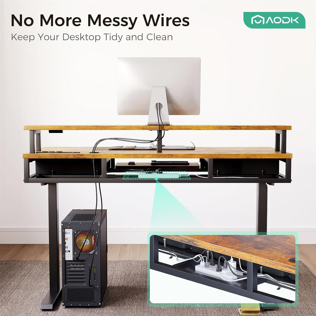 AODK Electric Standing Desk with Drawers & Keyboard Tray, 63 Inch Height Adjustable Gaming Desk with Power Outlets & LED Lights, Sit Stand Table with Monitor Stand for Home, Office, Rustic Brown
