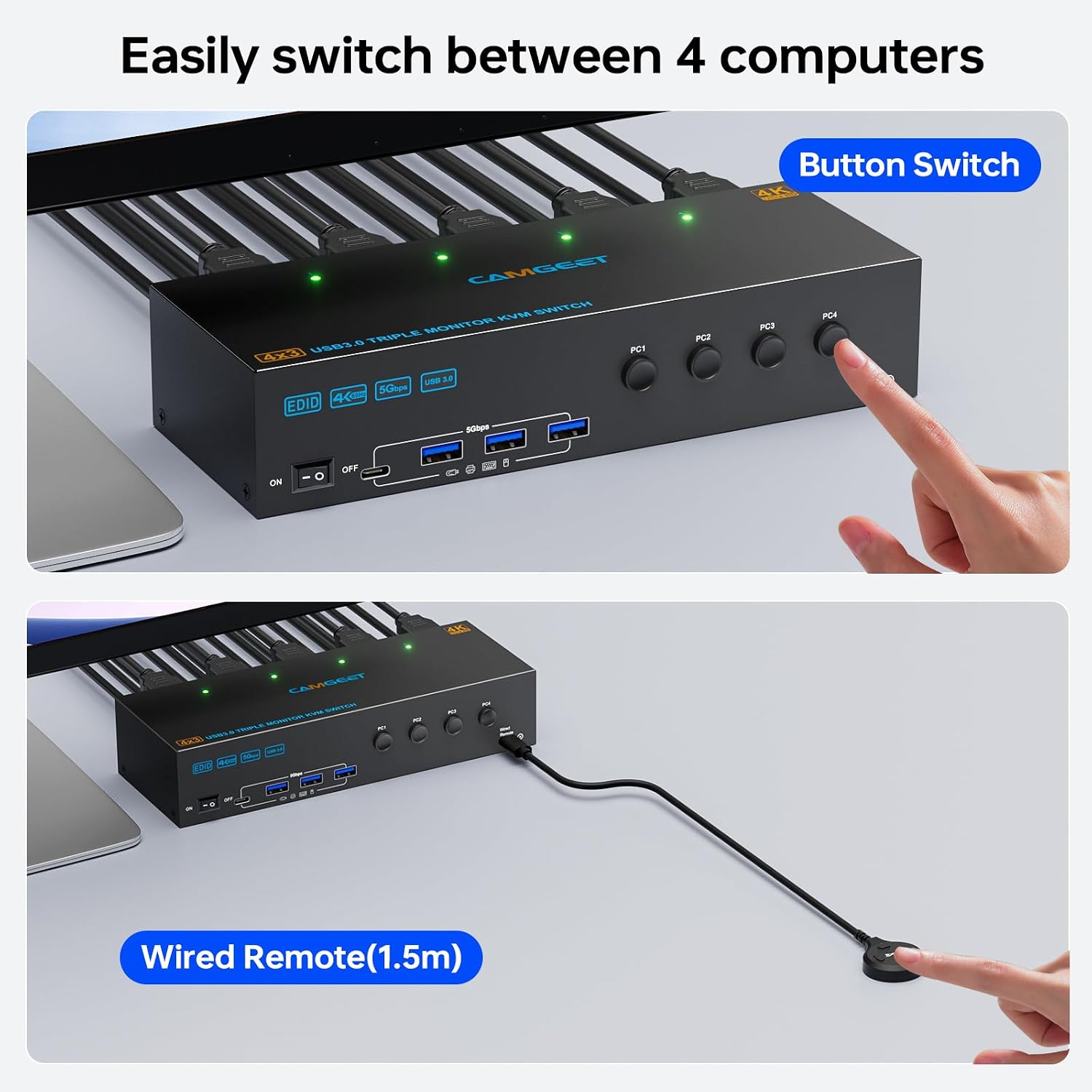 KVM Switch 3 Monitors 3 Computers 8K@60Hz, Camgeet HDMI+2 Displayport KVM Switch Triple Monitor for 3 Computer Share 3 Monitor and 4 USB3.0 Devices,Wired Remote and 12V Power Adapter Included