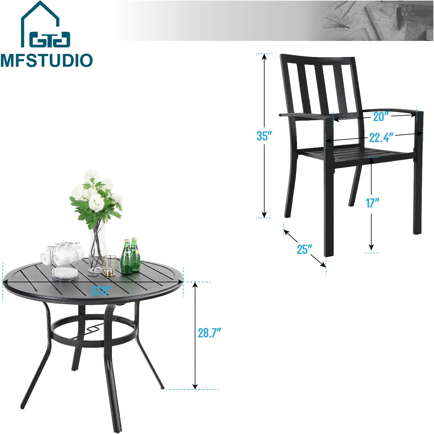 MFSTUDIO Outdoor Dining Set for 4, Round Patio Table and Chairs Set with Umbrella Hole, Metal Patio Furniture Set for Deck, Backyard, Poolside & Garden