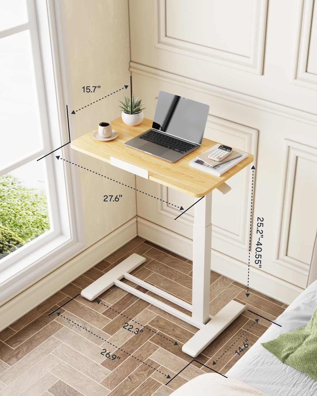 FLEXISPOT H7 PRO Mobile Standing Desk Adjustable Overbed Table Pneumatic with Wheels 55°Tiltable Portable Laptop Desk Rolling Computer Cart Foldable Bedside Table(27.6' W x 15.7' D, Maple)