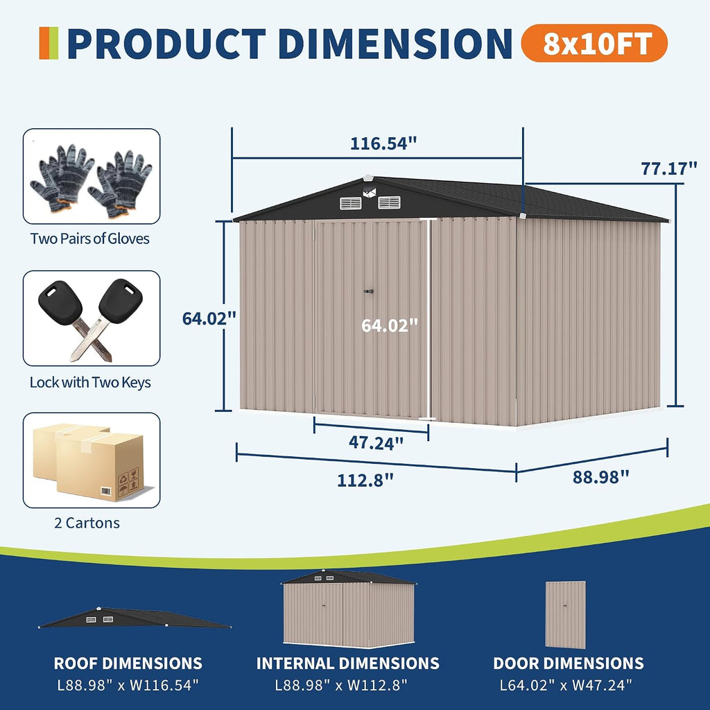 8x10 FT Metal Storage Sheds Outdoor, Metal Yard Sheds Metals Garden Shed Kit with Solar Light, MetalTool Shed with Lockable Door, Metals UtilitySheds Buildings with Air Vent for Backyard