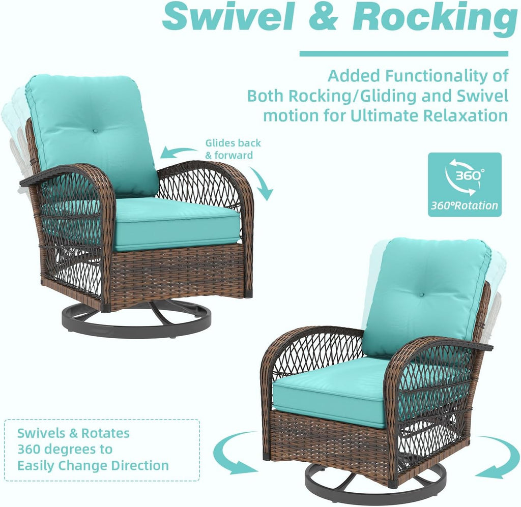 MELLCOM 3 Pieces Patio Furniture Set, Outdoor Swivel Rocker Patio Chairs, Wicker Patio Bistro Set with Rocking Chair, Thickened Cushions and Glass Coffee Table for Backyard, Garden, Peacock Blue