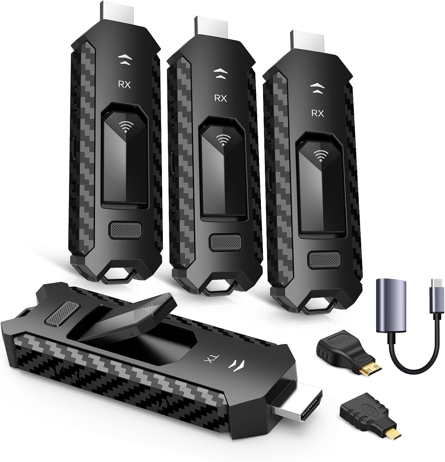 Wireless HDMI PRO- Transmitter and Three Receiver, Portable Multi-TVs Extender Kit, Plug and Play, Heat-Control, 5.8G/2.4G @60Hz 165FT/50M, Stream Video/PPT Wirelessly from Laptop to HDTVs/Monitors