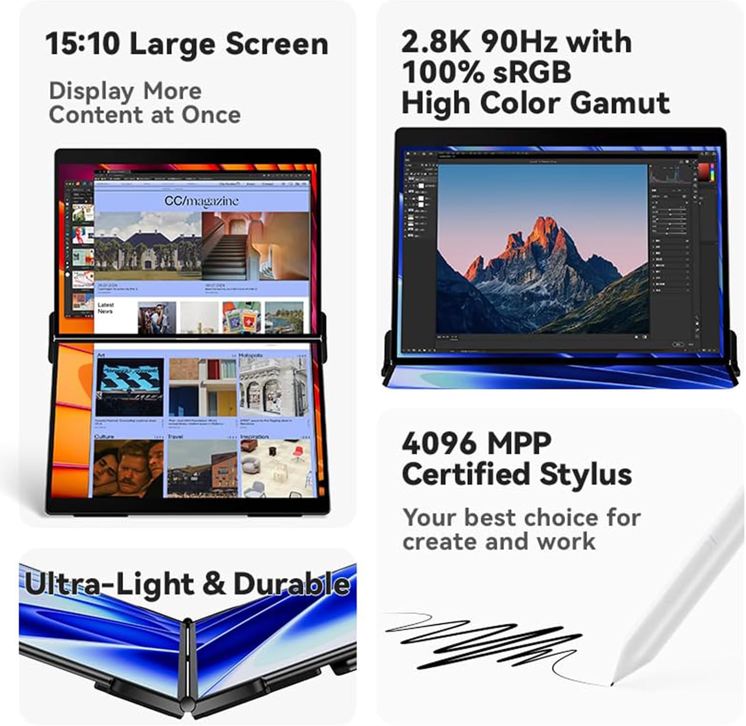 EHOMEWEI X2 Air 2.5K Portable Dual Touchscreen Monitor with Stylus Pen 90Hz 14.2'*2 IPS 2520 * 1680, 400 Nit Brightness, 100% sRGB, for Office/Home/Travel, for Mac/Laptop/Smartphone Extender Screen