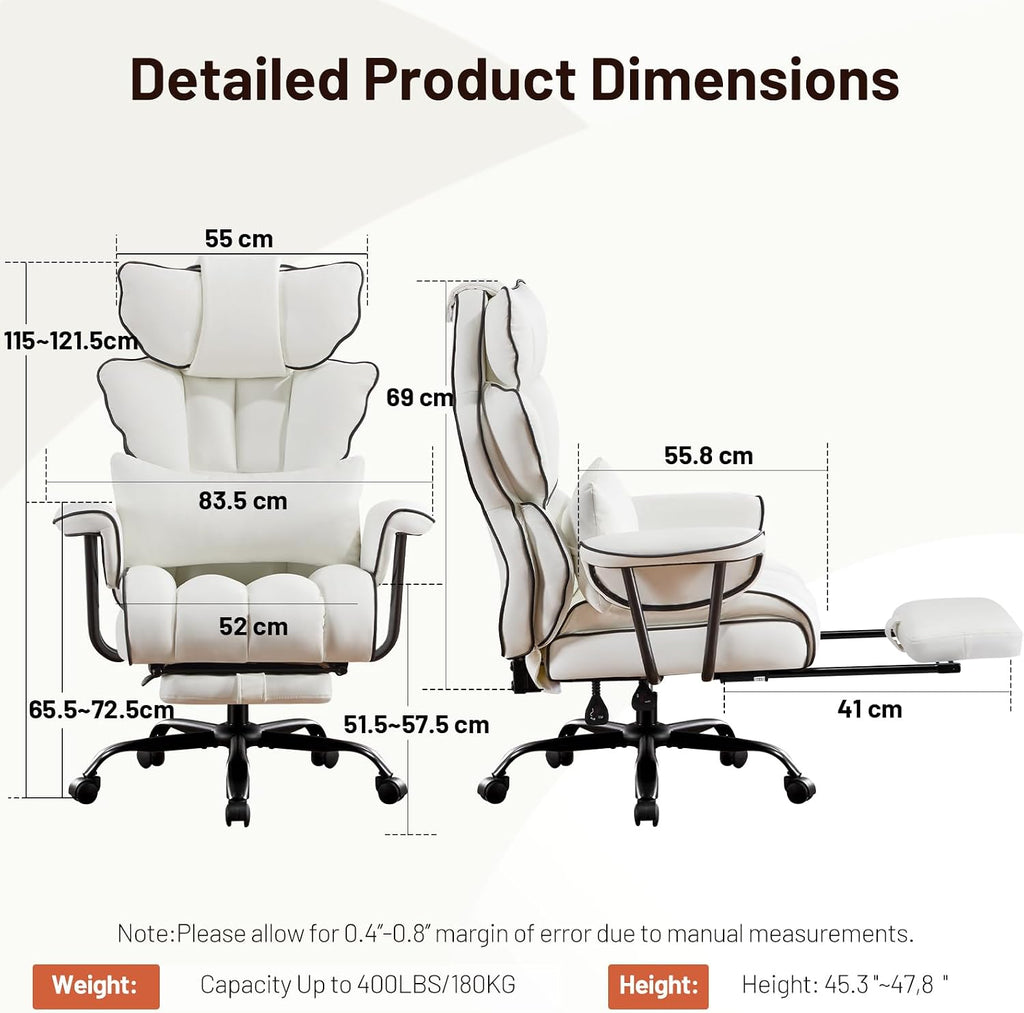 Furniliving Big and Tall Executive Office Chair- Ergonomic, Reclining Desk Chair with Footrest Lumbar Pillow, Height Adjustable Back Leather Chair for Home Office, Pure White