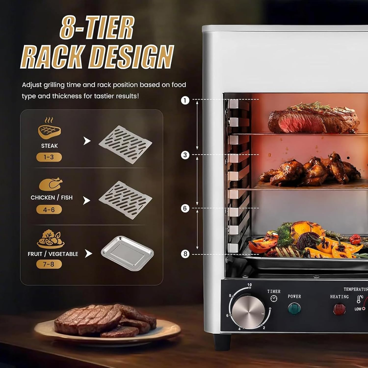 1700W Electric Steak Grill, Portable Smokeless Infrared Electric Broiler, 1472°F Stainless Steel Steak Cooker with 10-Layer Grill, Electric Infrared Grill for BBQ, Toast, Grill, Indoor