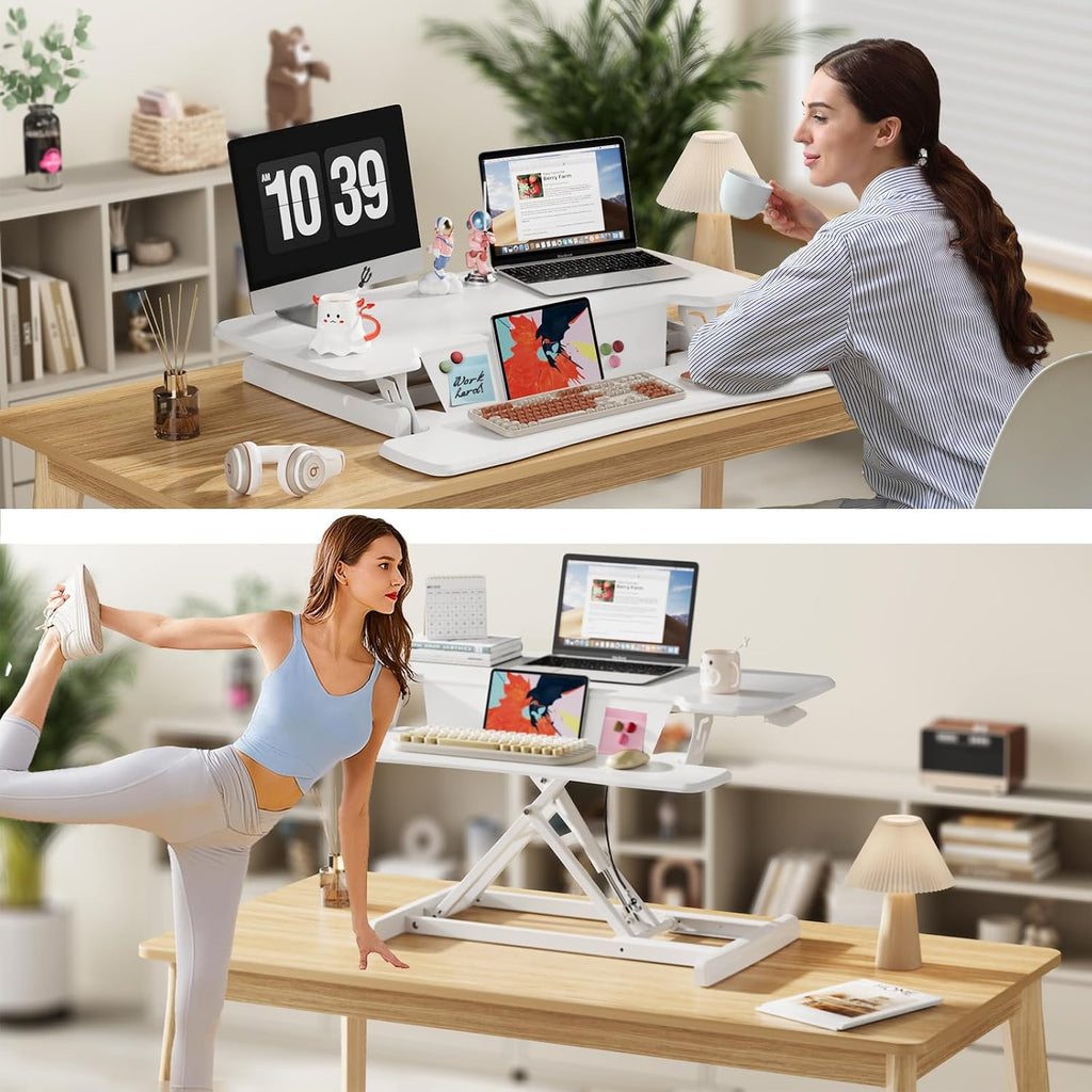 JOY worker Standing Desk Converter, 35' Height Adjustable Sit Stand Up Desk Riser with Keyboard Tray & 6 Fridge Magnets, Desktop Workstation Riser for Home Office Computer Laptop, White