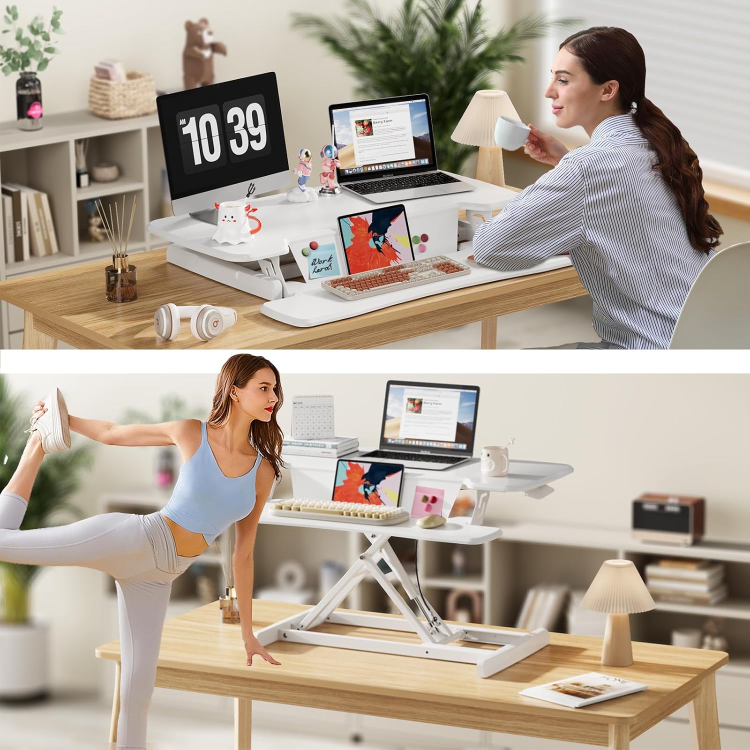 JOY worker Standing Desk Converter, 35' Height Adjustable Sit Stand Up Desk Riser with Keyboard Tray & 6 Fridge Magnets, Desktop Workstation Riser for Home Office Computer Laptop, White