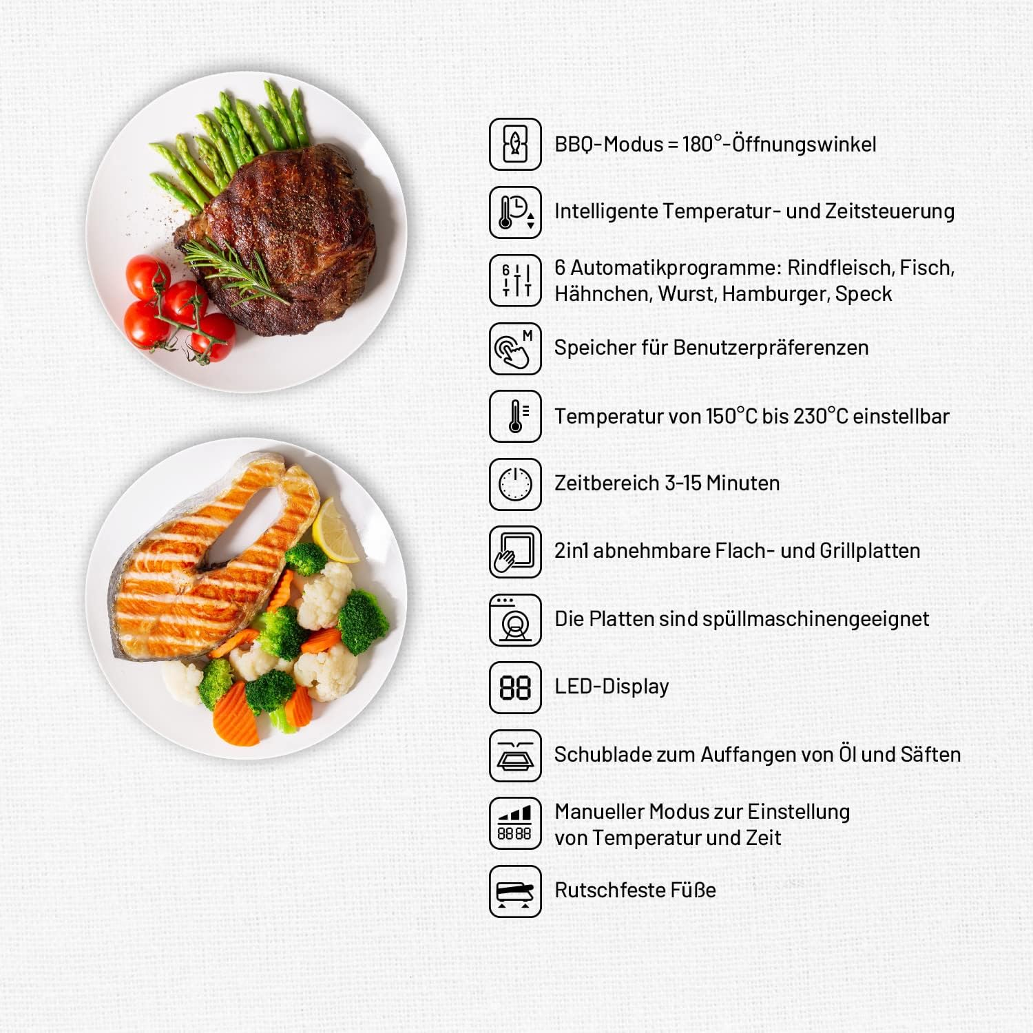 Lauben Contact Grill Deluxe 2000ST Table Contact Grill with 6 Automatic Programmes, Removable Plates, LED Display, Memory Function, Drip Tray, Dishwasher Safe
