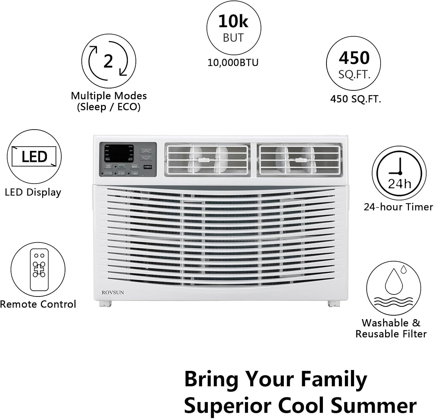 ROVSUN 10000 BTU Air Conditioner Window Unit, 3-in-1 Window AC Unit Cooler, Dehumidifier & Fan with Timer, Remote Control & Installation Kit, Cooling Rooms up to 450 Sq. Ft, 115V/60Hz, White & Grey