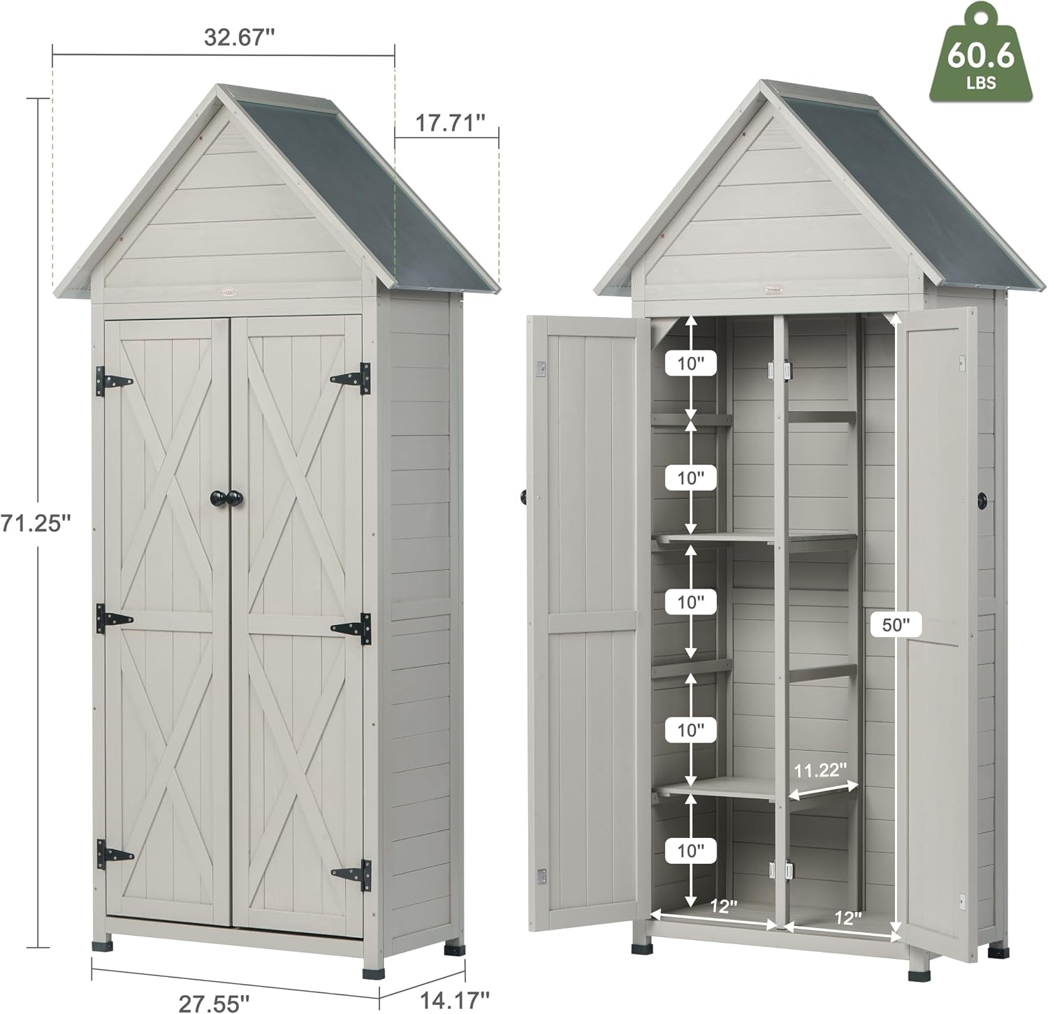 Outdoor Storage Shed with Floor & Adjustable Shelves, Wooden Garden Tool Cabinet Weatherproof, 71' Vertical Patio Organizer