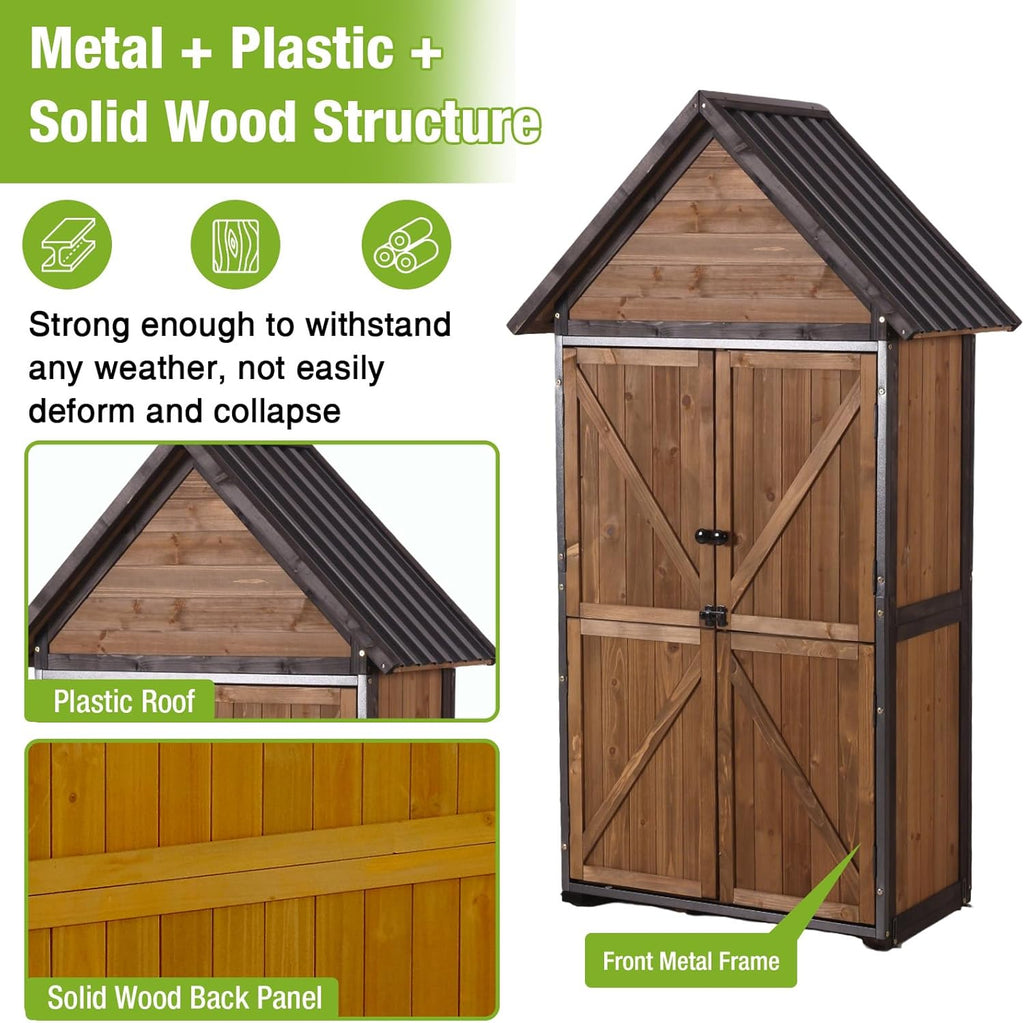 GUTINNEEN Shed Outdoor Storage Upgraded with Durable Front Metal Frame Garden Shed Tool Storage Cabinet with Wooden Floor Adjustable Shelfs 2.5 x 1.4FT （Brown）