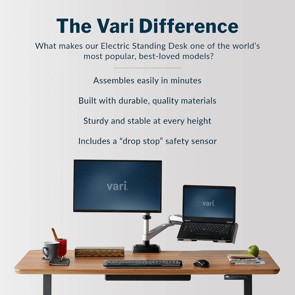 Vari Classic Electric Standing Desk - VariDesk Height Adjustable Sit/Stand Desk - Dual Motor with Memory Presets, Stable T-Style Legs - Gaming or Home Office Workstation - 60'x30', Butcher Block