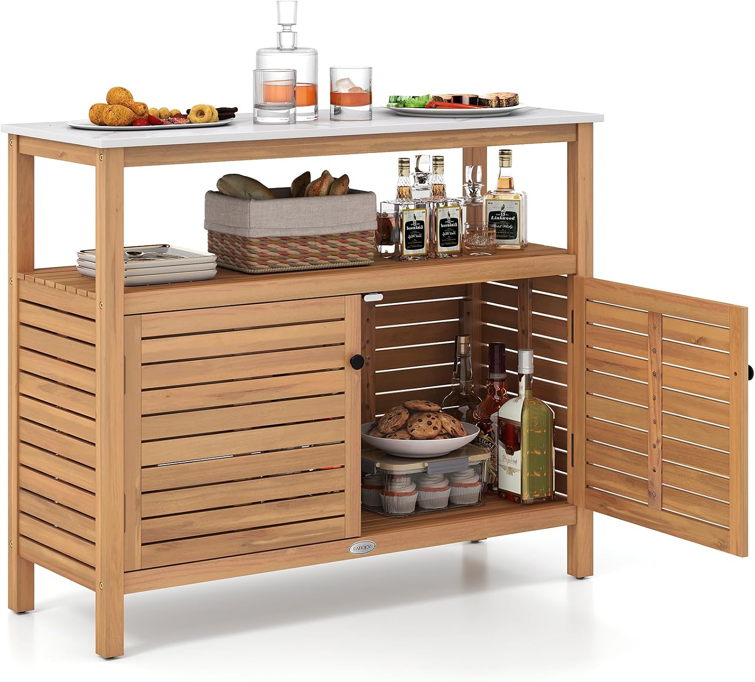 Goplus Patio Storage Cabinet, Outdoor Acacia Wood Buffet Cabinet with Marble-Like Countertop, Open Shelf & 2 Doors, Sideboard Organizer for Outdoor Kitchen, Garden, Backyard