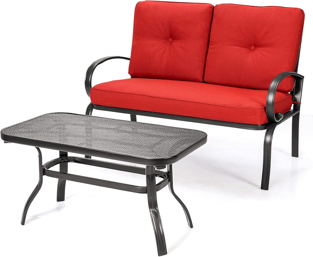 Giantex Patio Loveseat with Coffee Table Outdoor Bench with Cushion and Metal Frame, Loveseat Porch Furniture Set Sofa for Garden, Yard, Patio or Poolside (Red & Black)