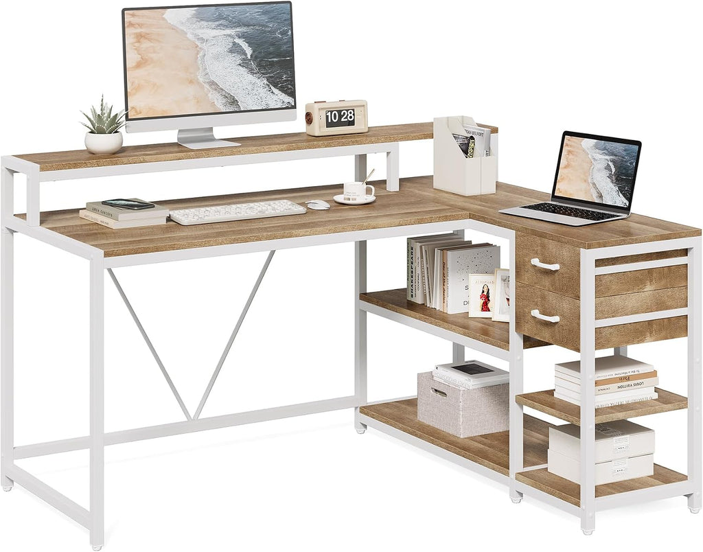 LITTLE TREE 55-Inch L-Shaped Computer Desk, Reversible Computer Desk with Drawers and Storage Shelves, Corner Desk Gaming Desk Work Desk for Home Office, Walnut
