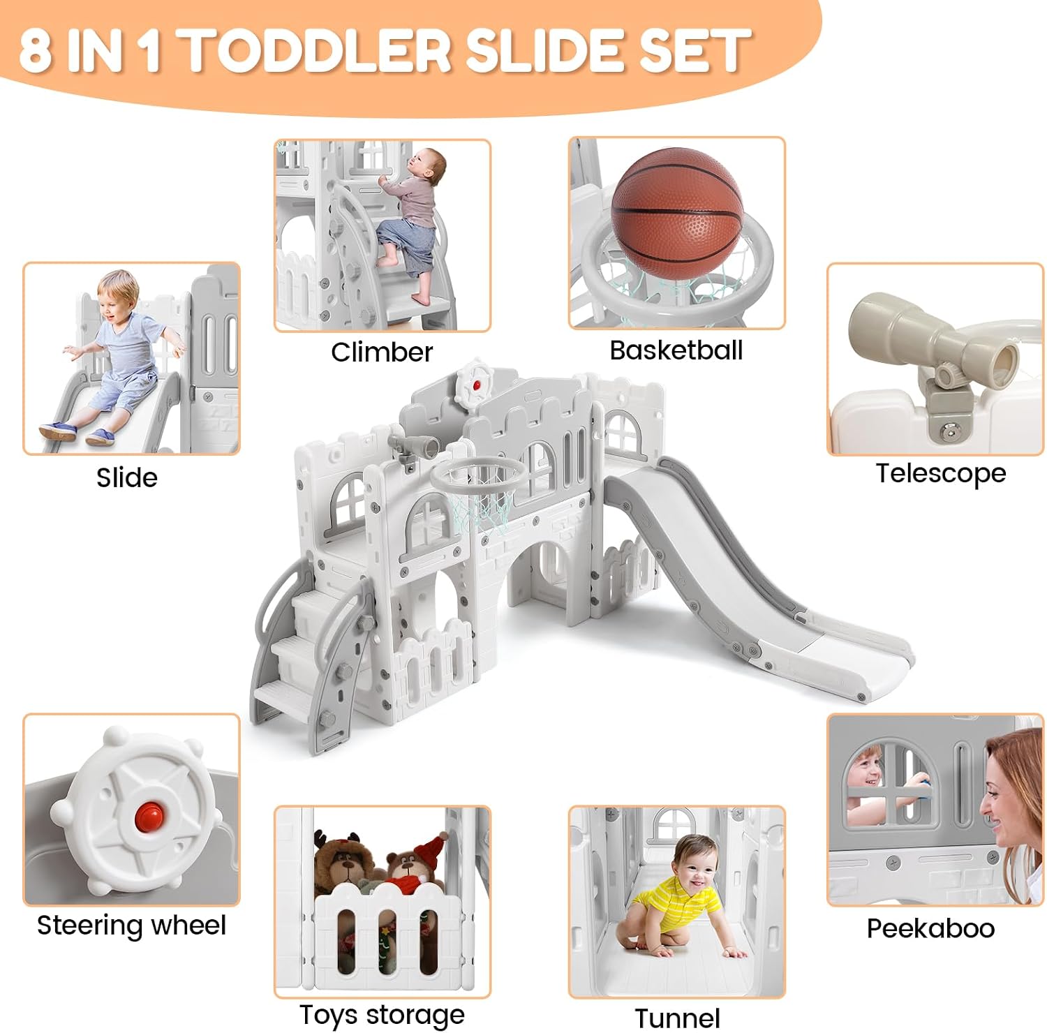 8 in 1 Toddler Slide Indoor Playground, Indoor Slide Toddler Playset for Toddlers 1-3, Kids Outdoor Playground with Basketball Hoop, Climber, Crawling Tunnel, Telescope, Toy Storage