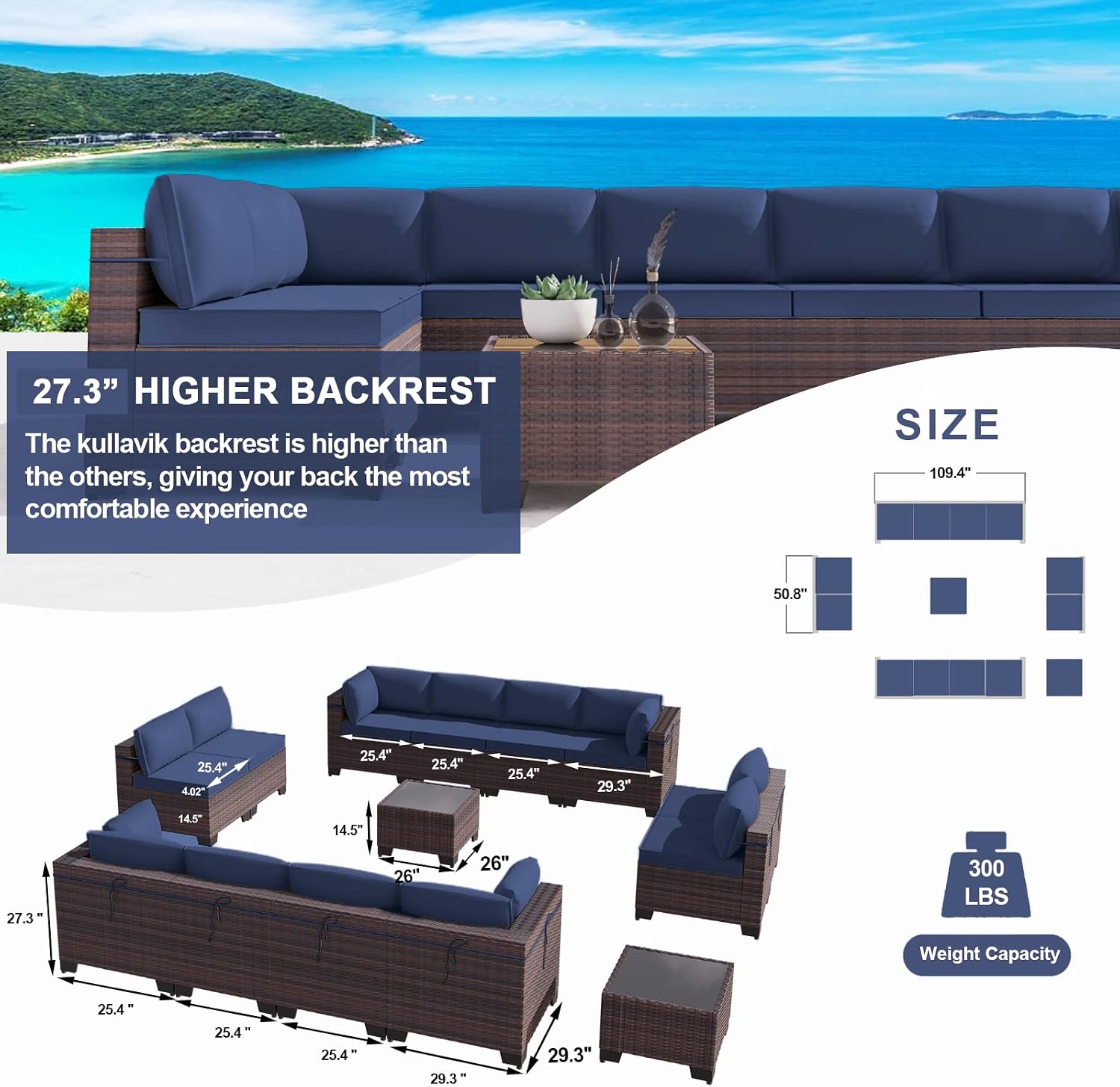 Kullavik 14 Pieces Outdoor Patio Furniture Set,Sectional Rattan Sofa Set Brown PE Rattan Wicker Patio Conversation Set with Tempered Glass Coffee Tables and Washable Cushions Covers,Navy Blue