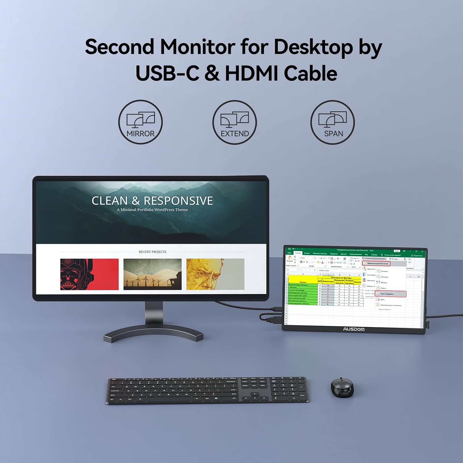 AUSDOM 15.6 Portable Laptop Monitor: FHD 1080P 15.6 inch Portable Second Screen External Travel Monitor, HDMI USB-C Powered Extra Mobile Computer Secondary Display Additional for Laptop MacBook