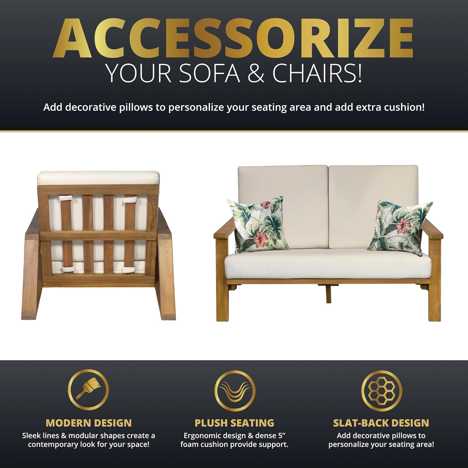 4-Piece Deep Seating Teak Wood Patio Furniture Set, Teak Wood Outdoor Conversation Sofa Set with Cushioned Loveseat, Armchairs and Coffee Table for Garden, Deck, Backyard