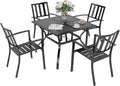 PHI VILLA 5 Pieces Outdoor Dining Set for 4, Metal Steel Square Table with Umbrella Hole & Stackable Black Wrought Iron Chairs, Heavy-Duty Dining Furniture for Patio, Deck, Backyard, Porch
