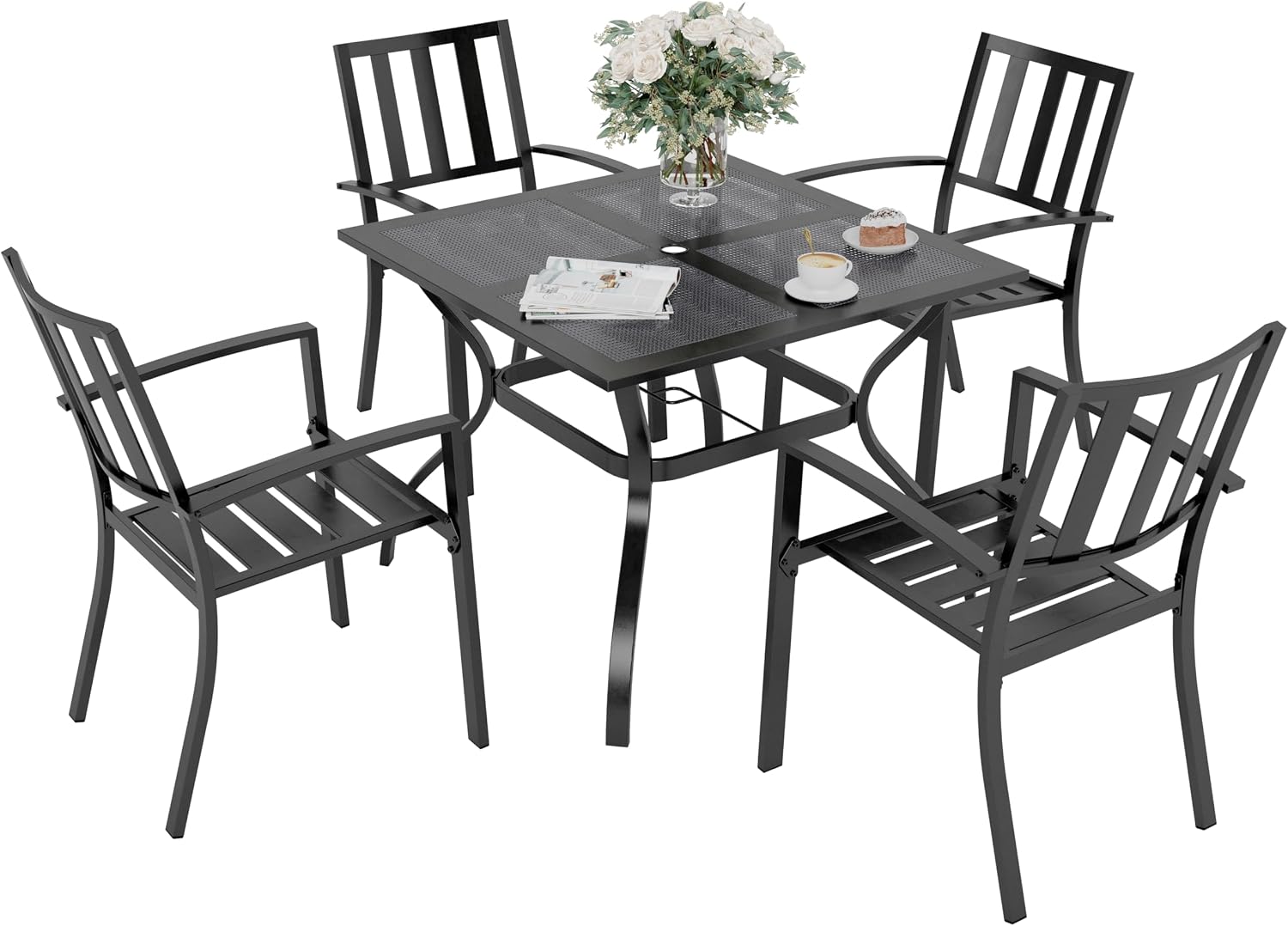 PHI VILLA 5 Pieces Outdoor Dining Set for 4, Metal Steel Square Table with Umbrella Hole & Stackable Black Wrought Iron Chairs, Heavy-Duty Dining Furniture for Patio, Deck, Backyard, Porch